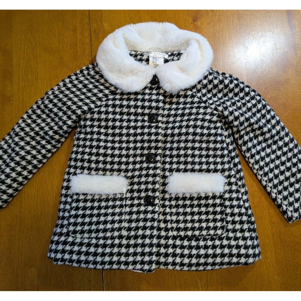 Max Studio Kids Houndstooth Faux Fur Collar Coat Jacket Black White 2T